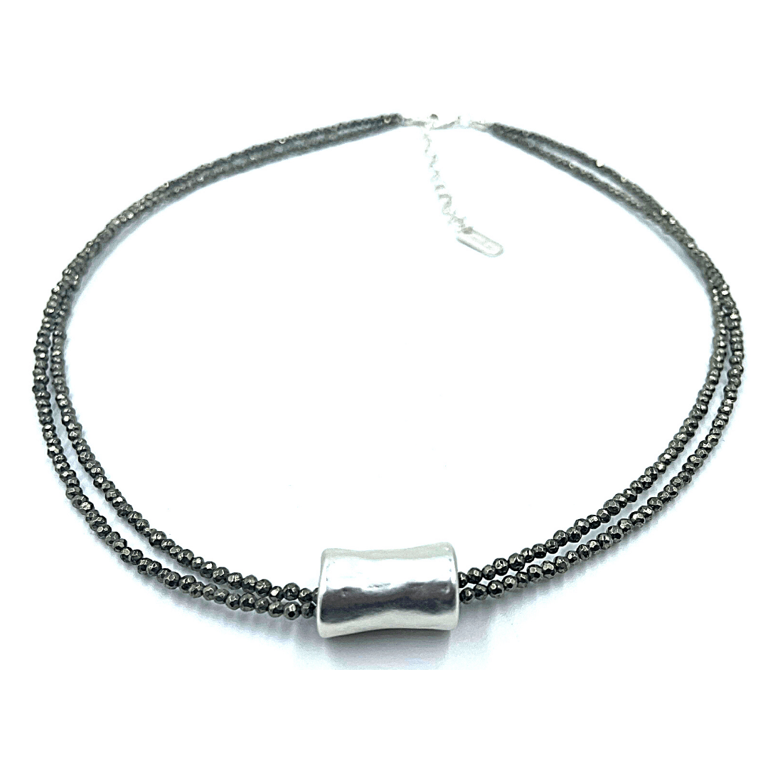 #BB - Silver Barrel on Double Pyrite Beaded Necklace