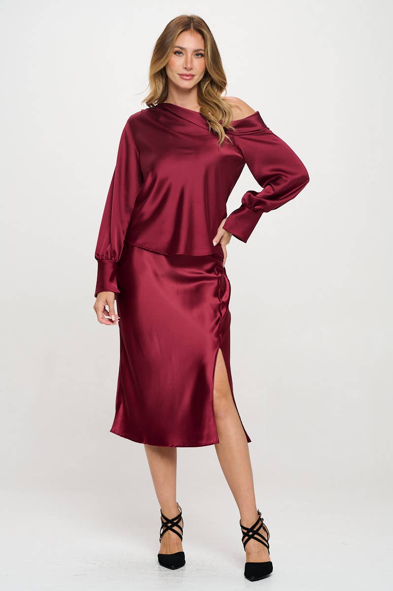 Burgundy Satin Midi Skirt with Slit (Made in USA)