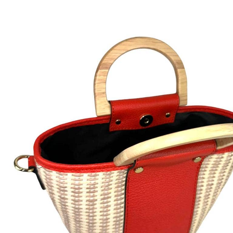 Italian Raffia and Leather Bucket Bag with 2 Wooden Handles