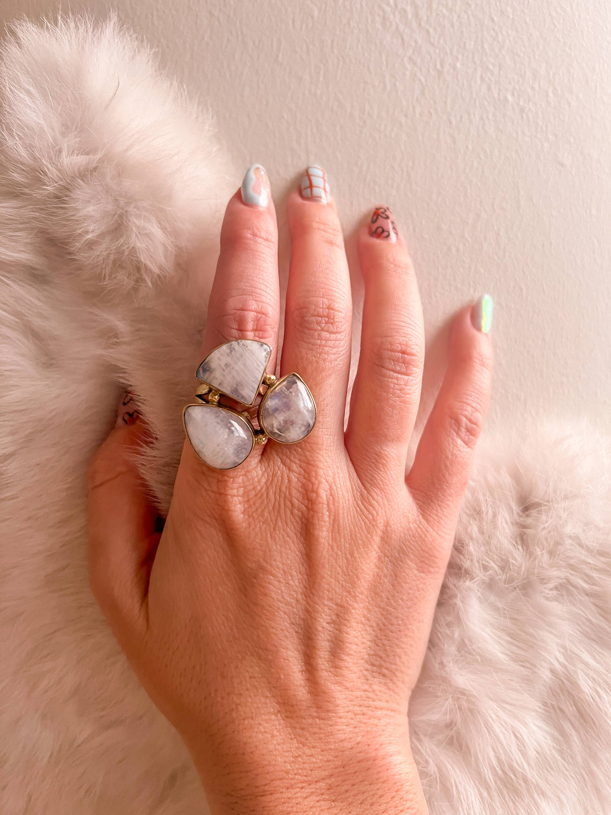 Natural Stone Cluster Brass Ring with Moonstones