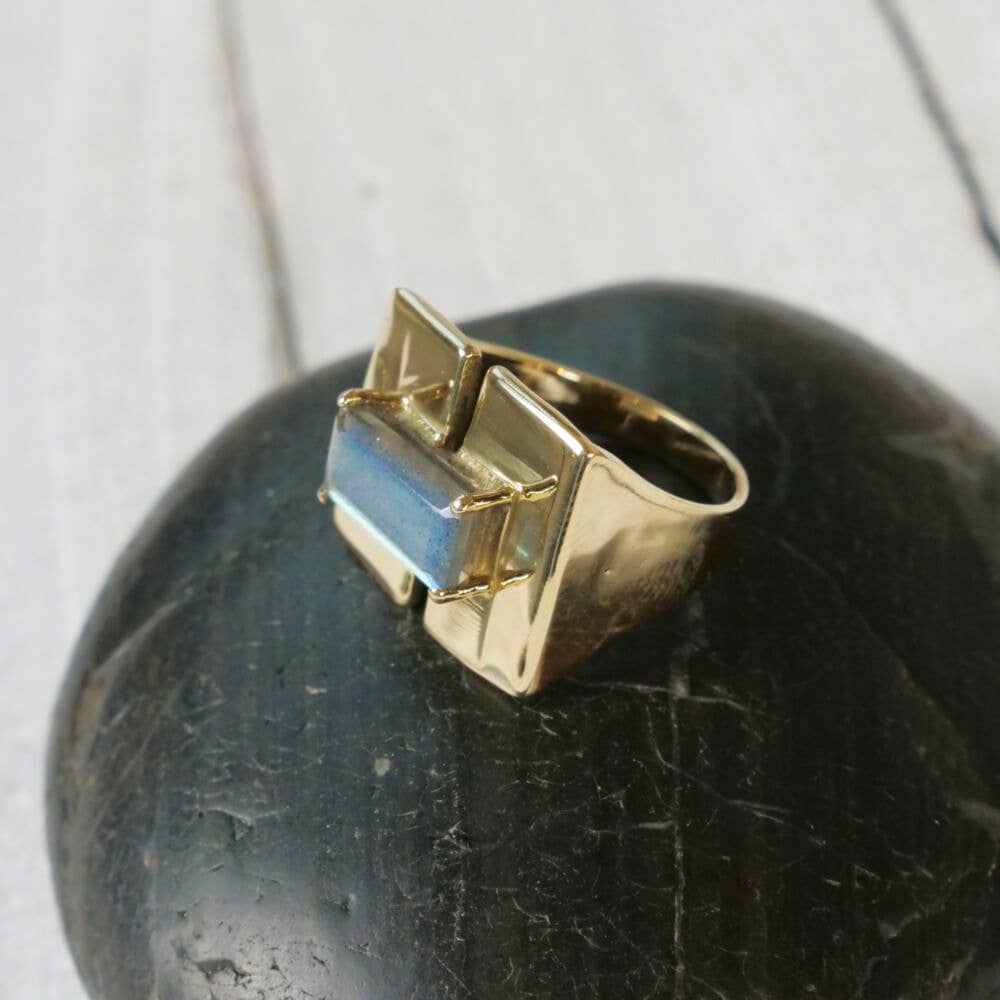 Brass Rectangle Ring with Labradorite Stone