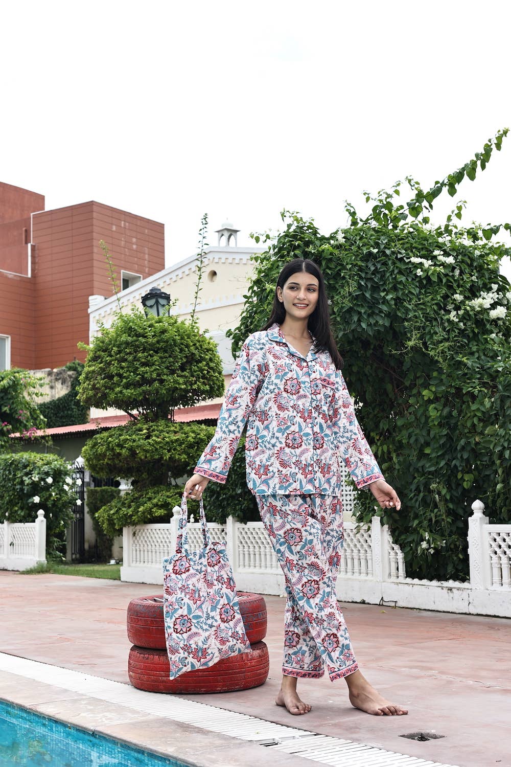 Women's Block Printed Pajamas- 3 Piece Set