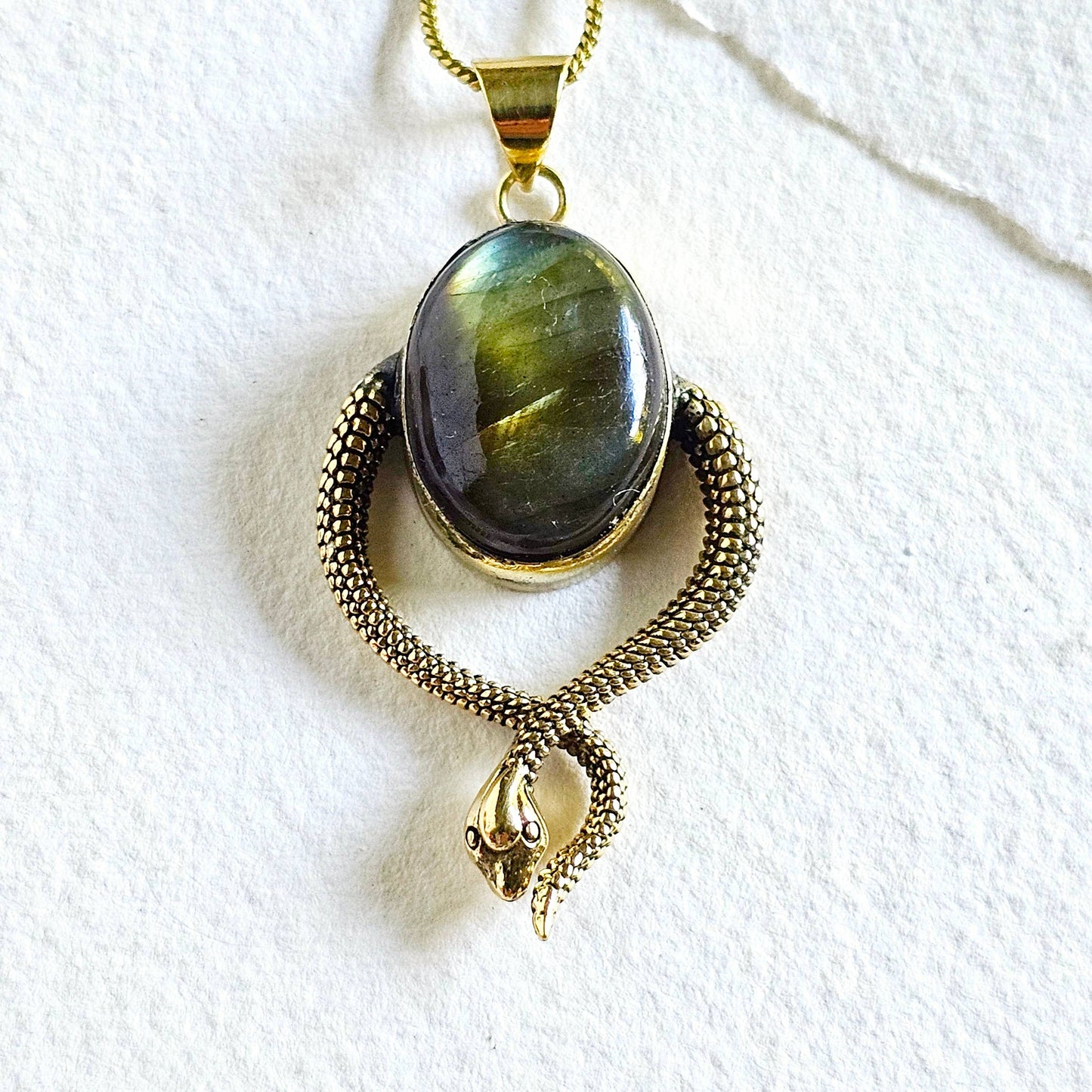 Brass Labradorite Snake Pendant Charm Necklace designer