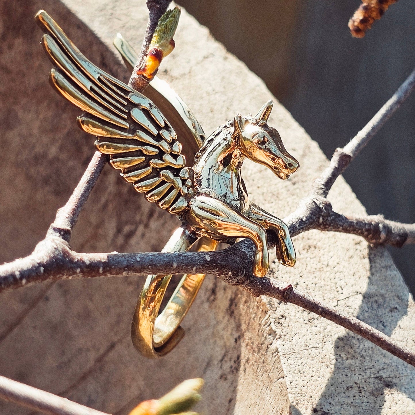 Brass unicorn pegasus animal ring winged horse adjustable