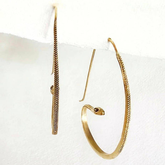 Brass snake serpent hoop earrings large onyx eyes #BX30