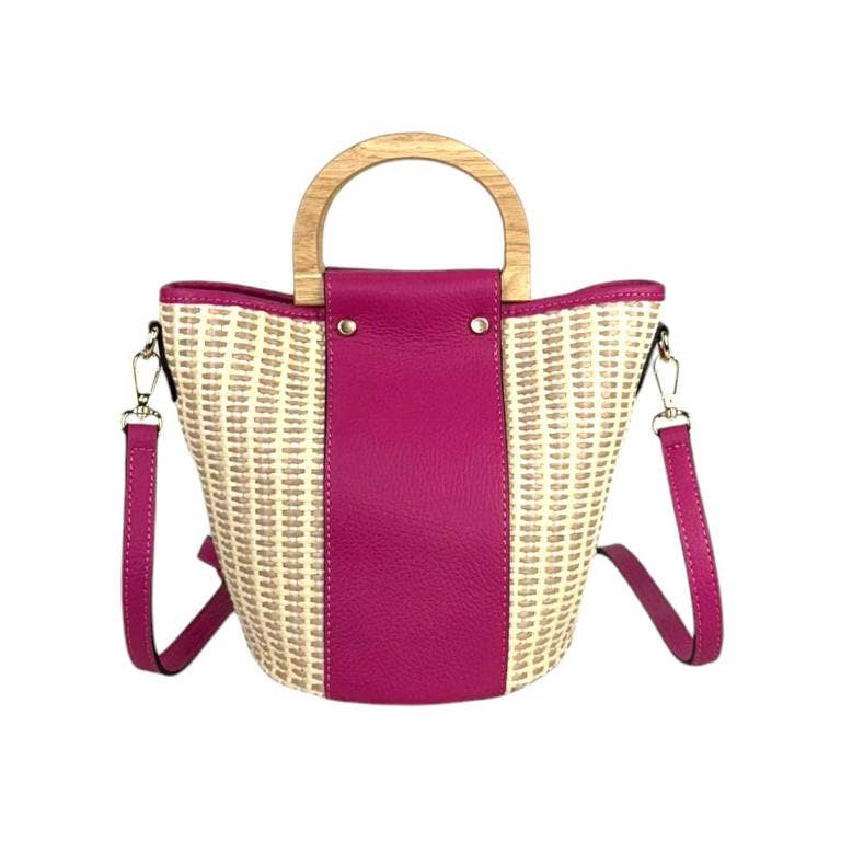 Italian Raffia and Leather Bucket Bag with 2 Wooden Handles