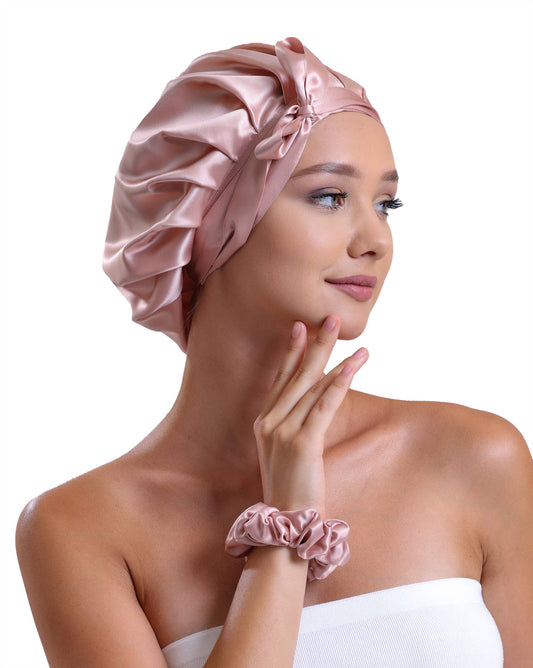 100% Organic Pure Silk Hair Bonnet - Rose Gold Pink