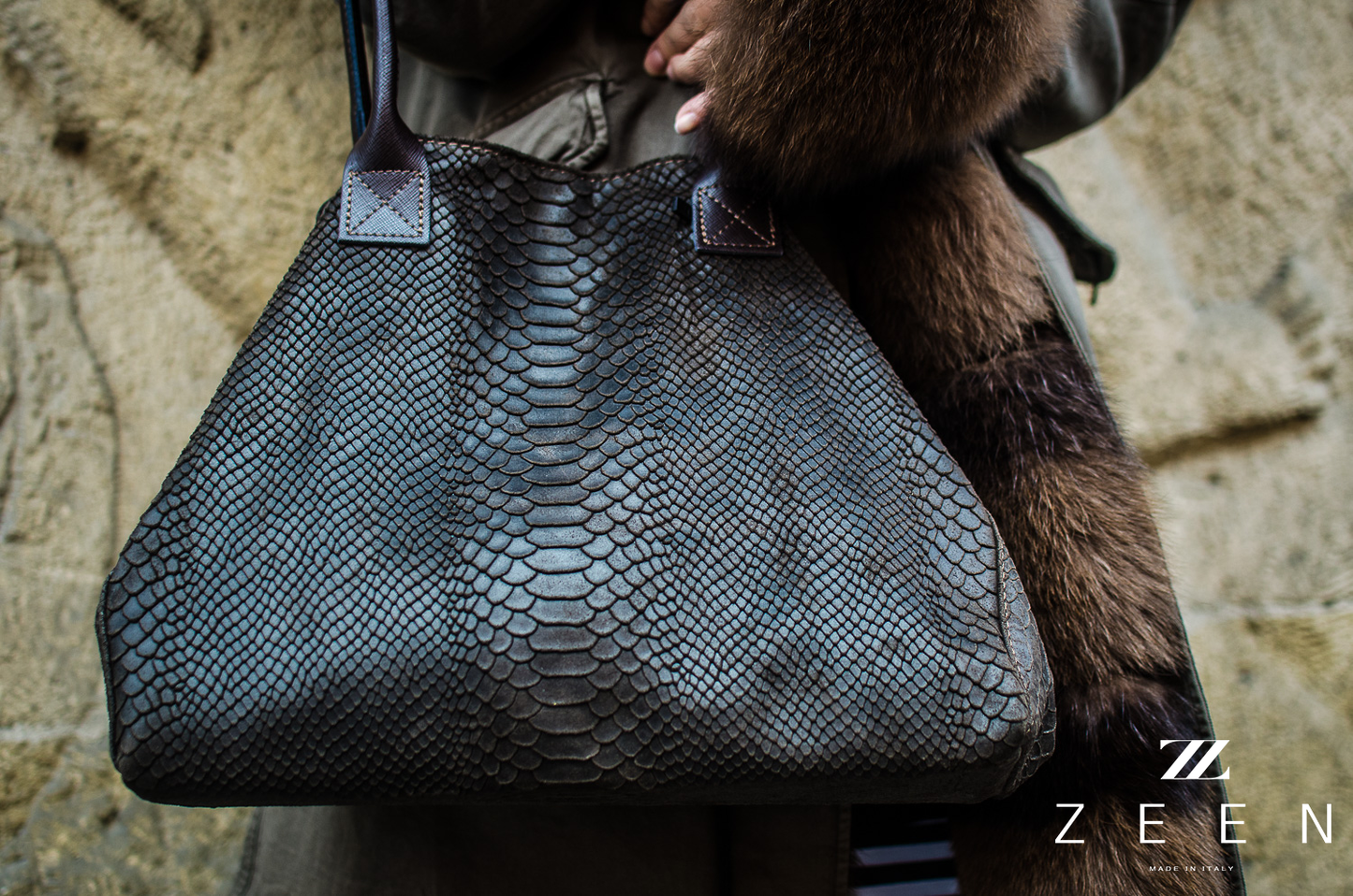 LOLA – Italian Python-Embossed Leather Bag – Chocolate