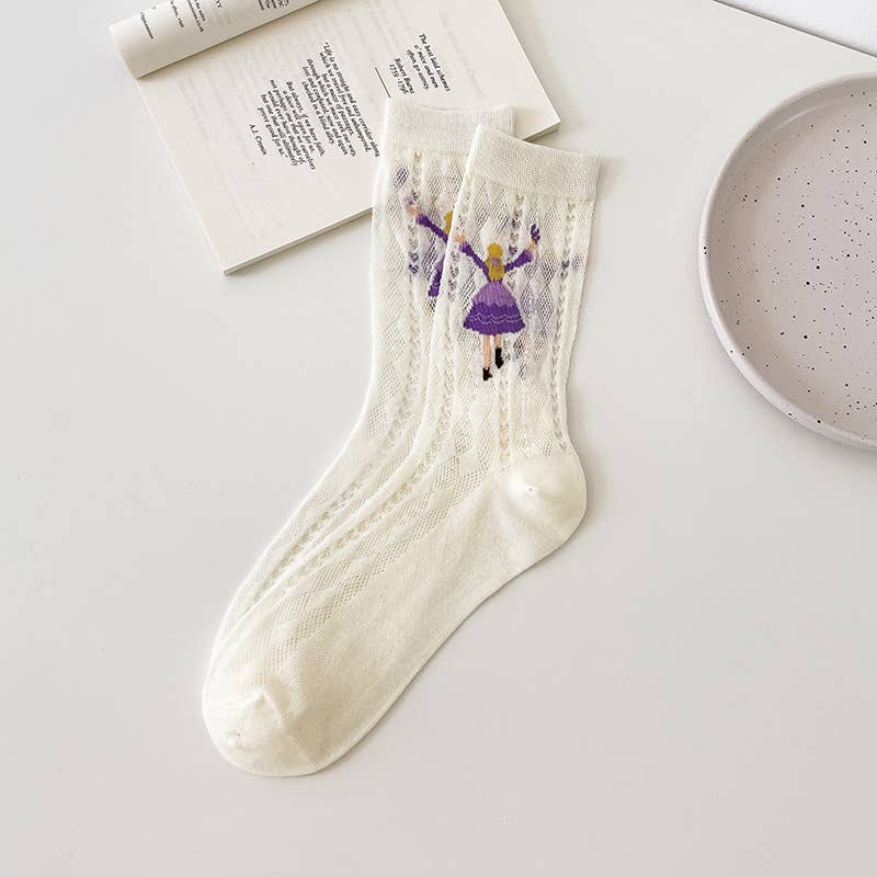 Women’s Sheer Cotton Crew Socks with Illustrated Girls