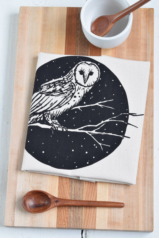 Organic Cotton Barn Owl Tea Towel - Black Print - Bird Kitch