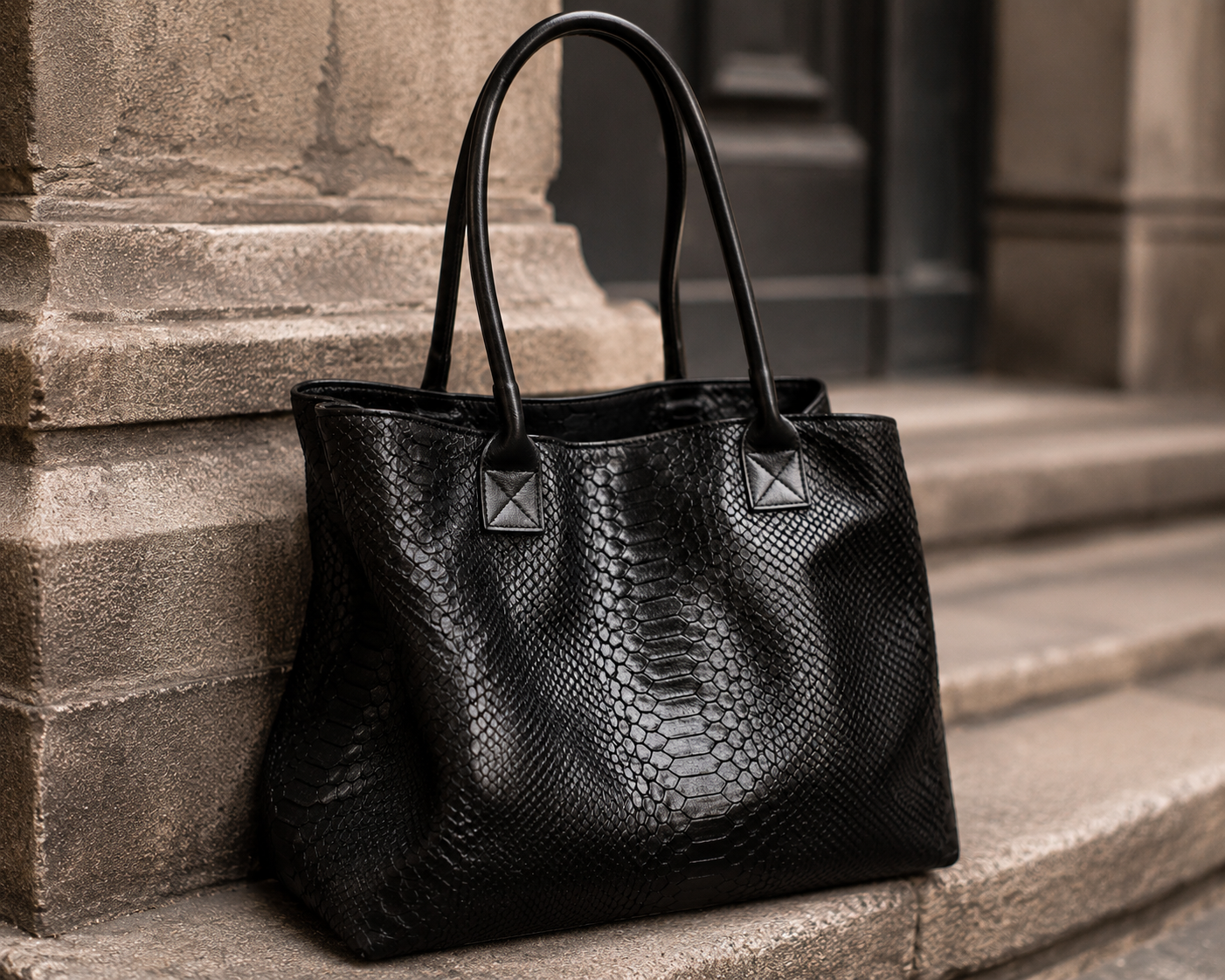 LOLA – Italian Python-Embossed Leather Bag – Black