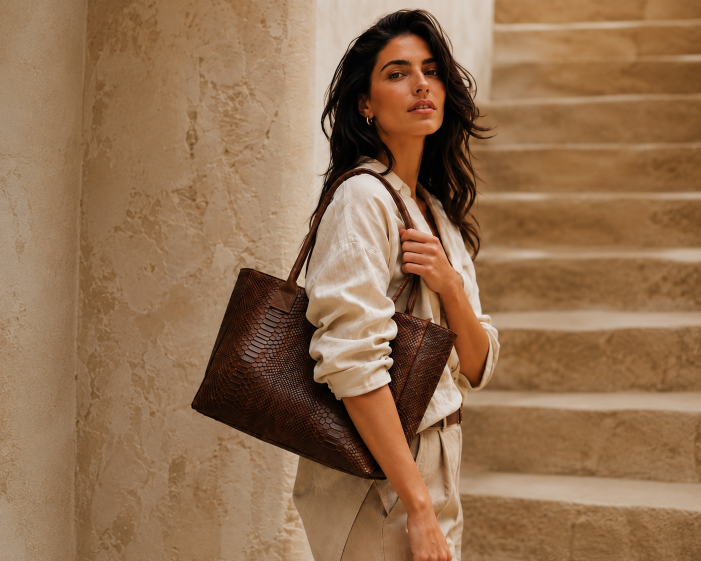 LOLA – Italian Python-Embossed Leather Bag – Brown