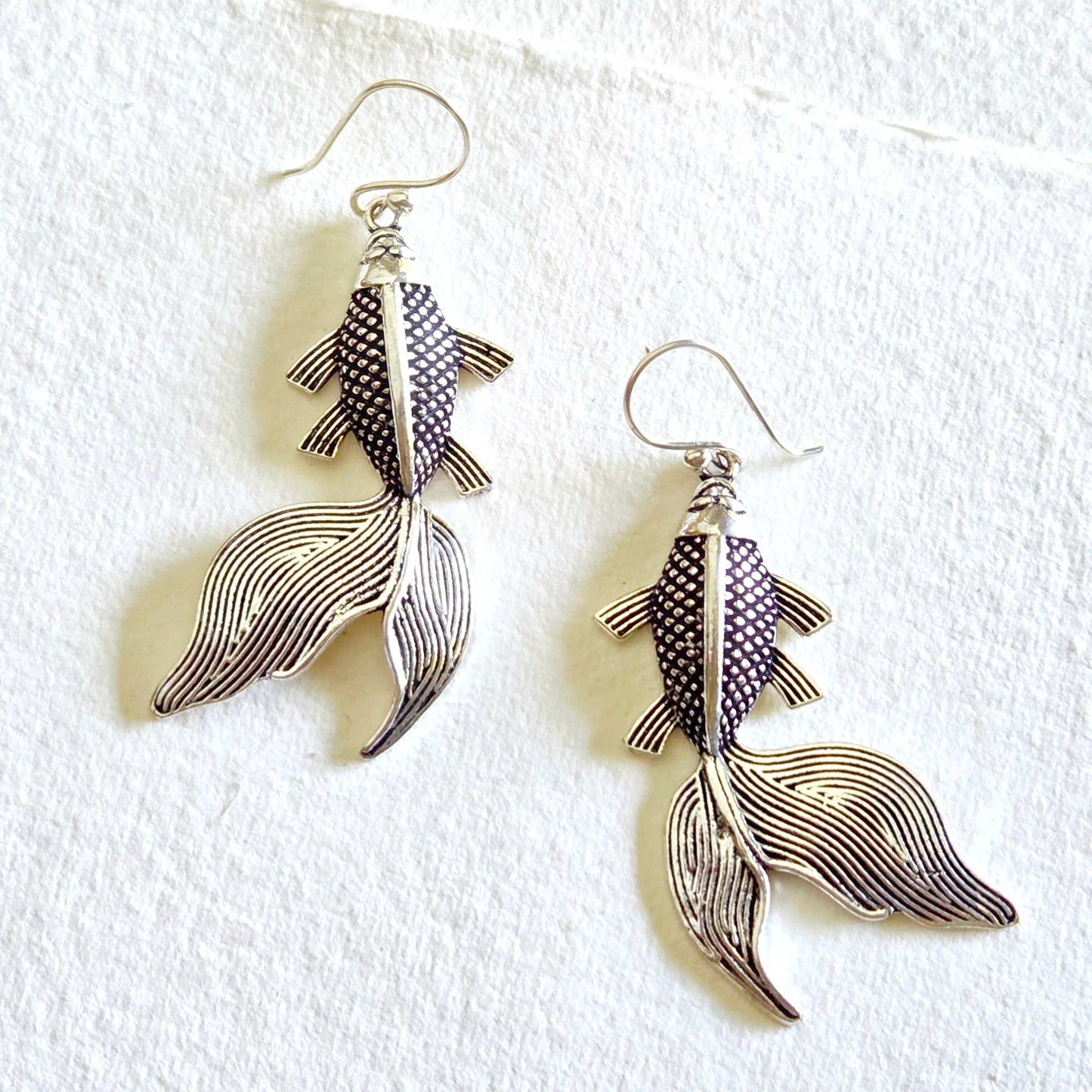 Silver Koi fish design hanging earrings handmade