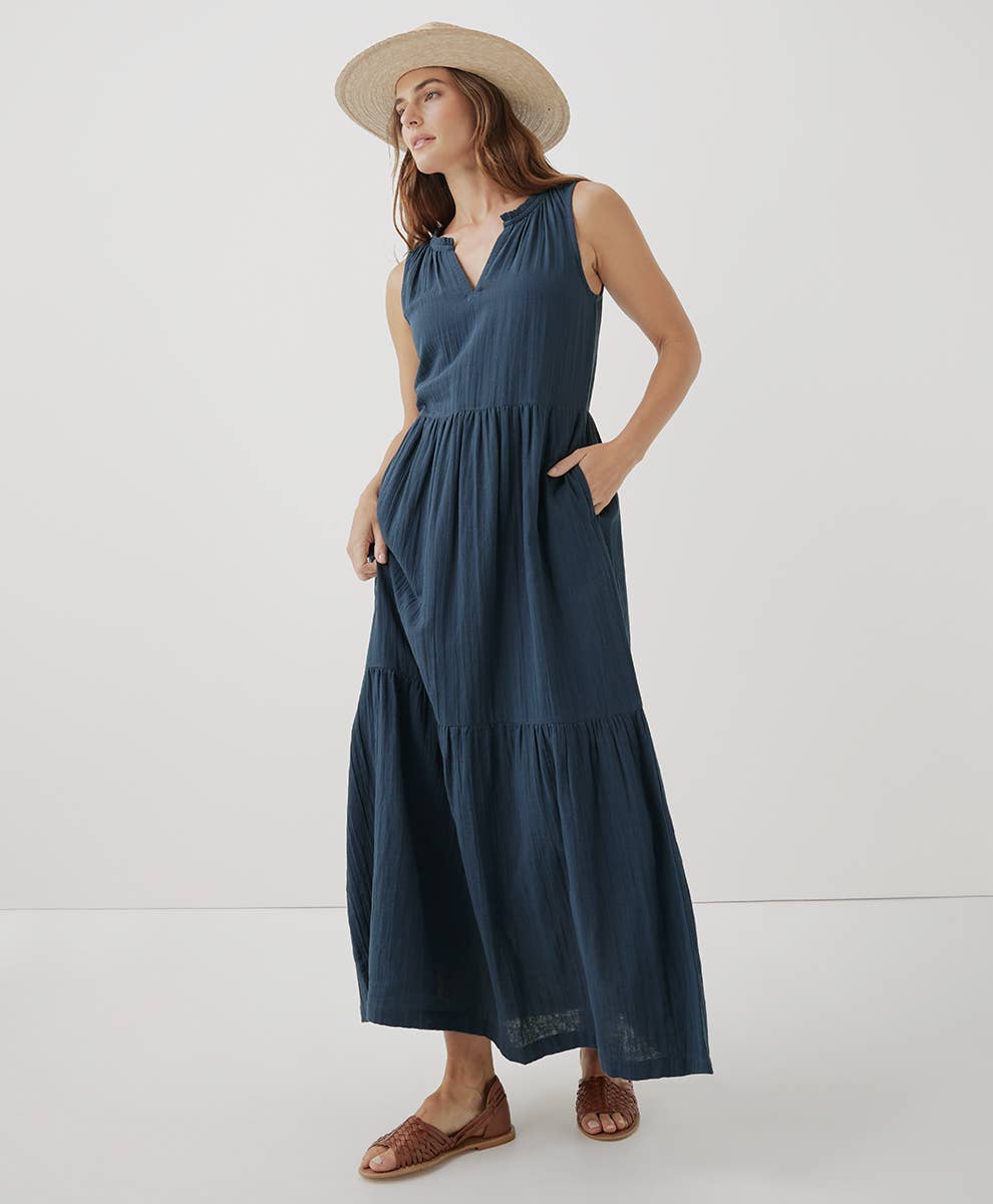 Coastal Double Gauze Ruffle Maxi Dress | French Navy