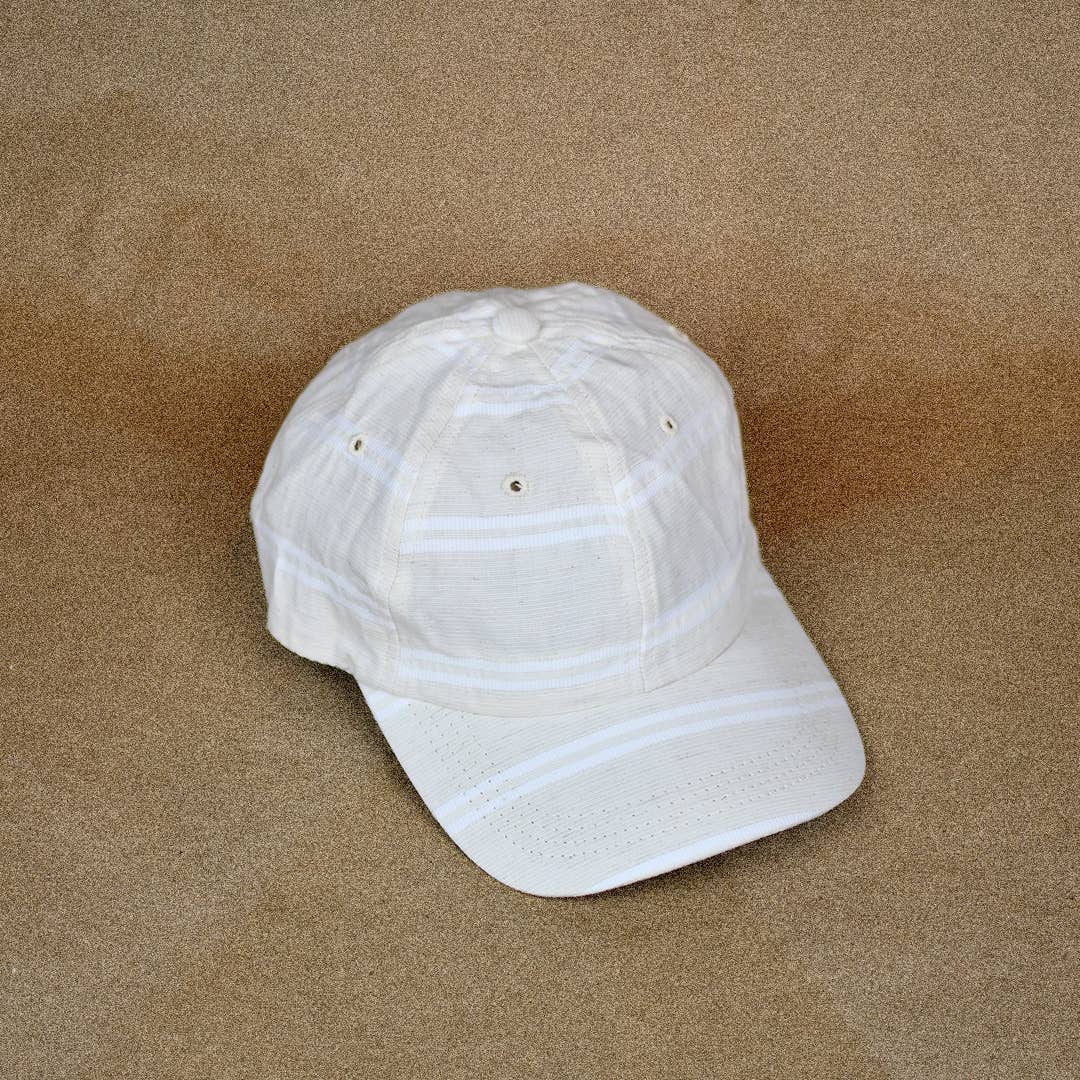 6 Panel NY Made "BALLPARK" Japanese Linen Stripe Cap - WHITE