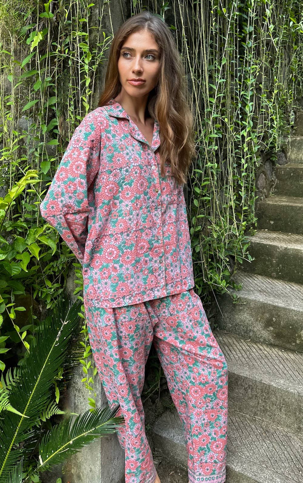 Zinnia Block Printed Cotton Pajamas- 3 Piece Set