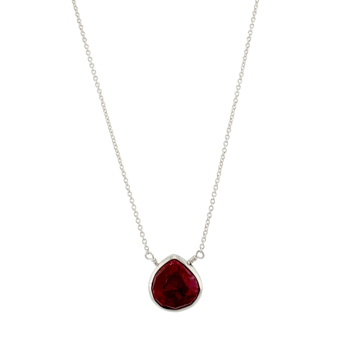 RUBY T- Small Ruby Teardrop Necklace in Silver