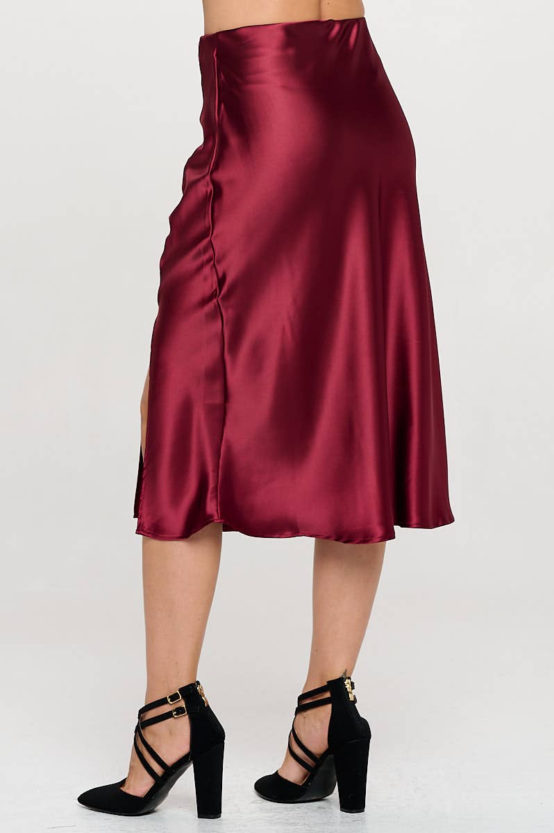Burgundy Satin Midi Skirt with Slit (Made in USA)