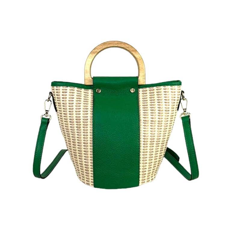 Italian Raffia and Leather Bucket Bag with 2 Wooden Handles