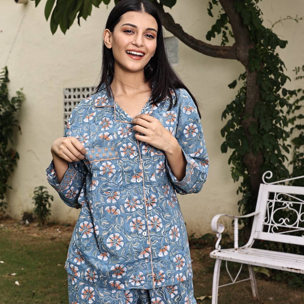 Women's Block Printed Pajamas- 3 Piece Set