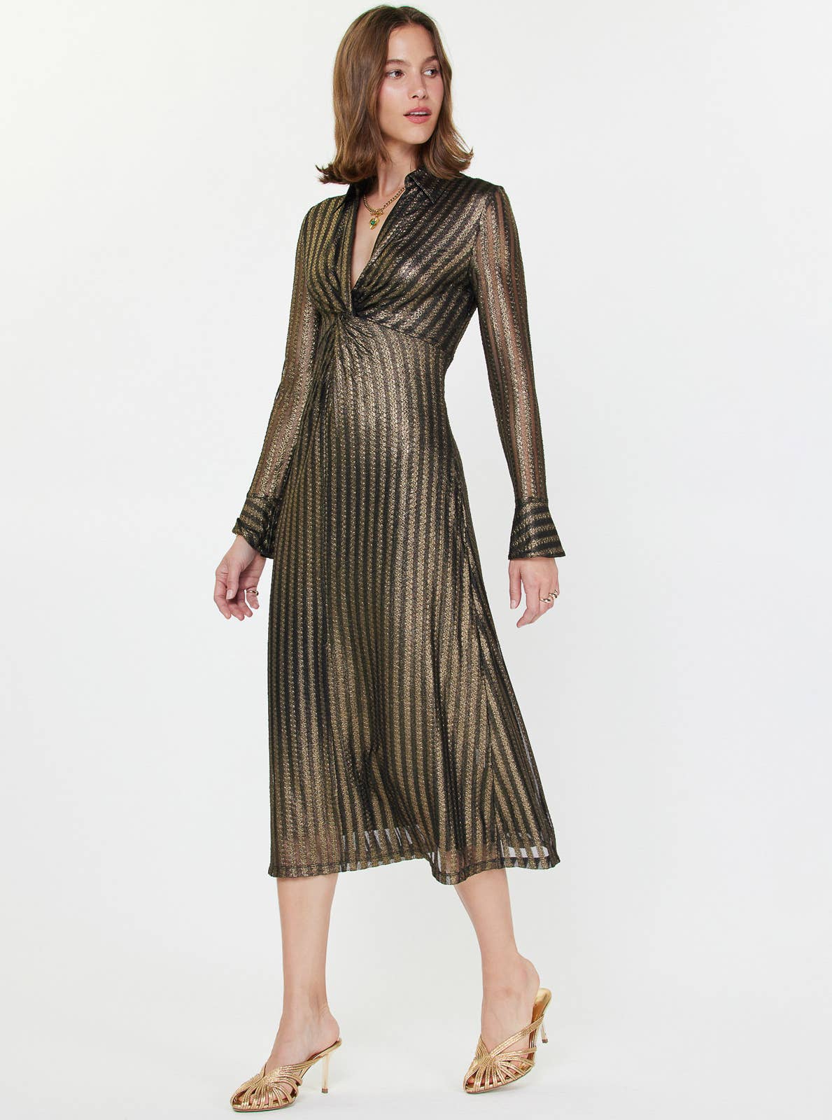 Black/Gold Metallic Striped Midi Dress