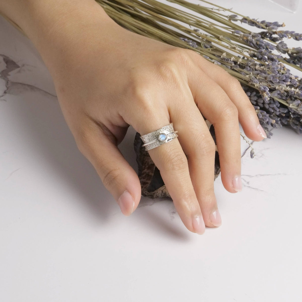 Etched Sterling Silver Spinner Ring with Moonstone