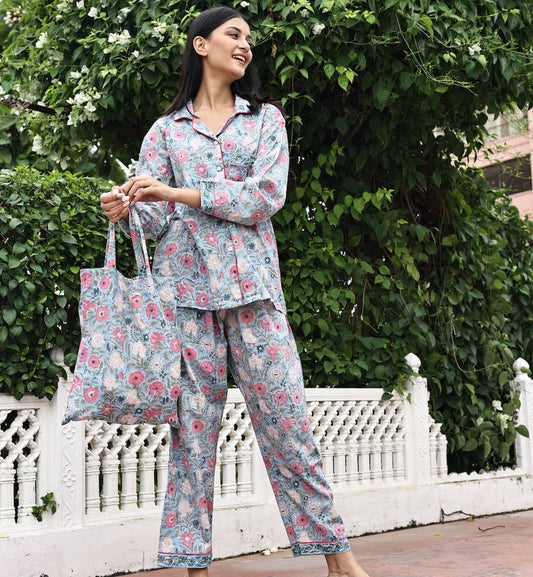 Flower Block Printed Cotton Pajamas- 3 Piece Set