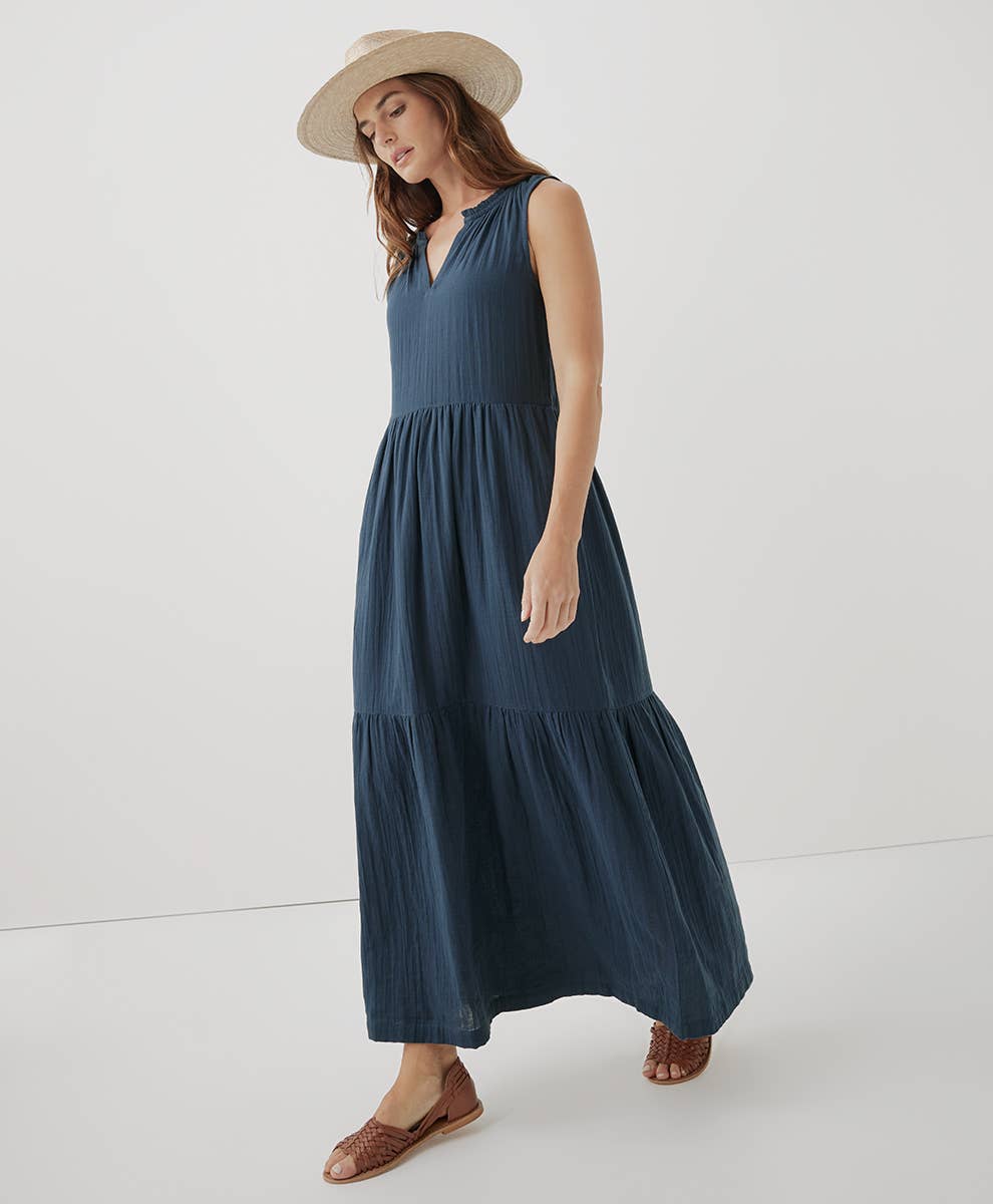 Coastal Double Gauze Ruffle Maxi Dress | French Navy