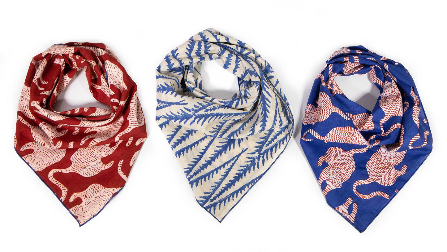 Blue Roaming Tigers Block Print Bandana
