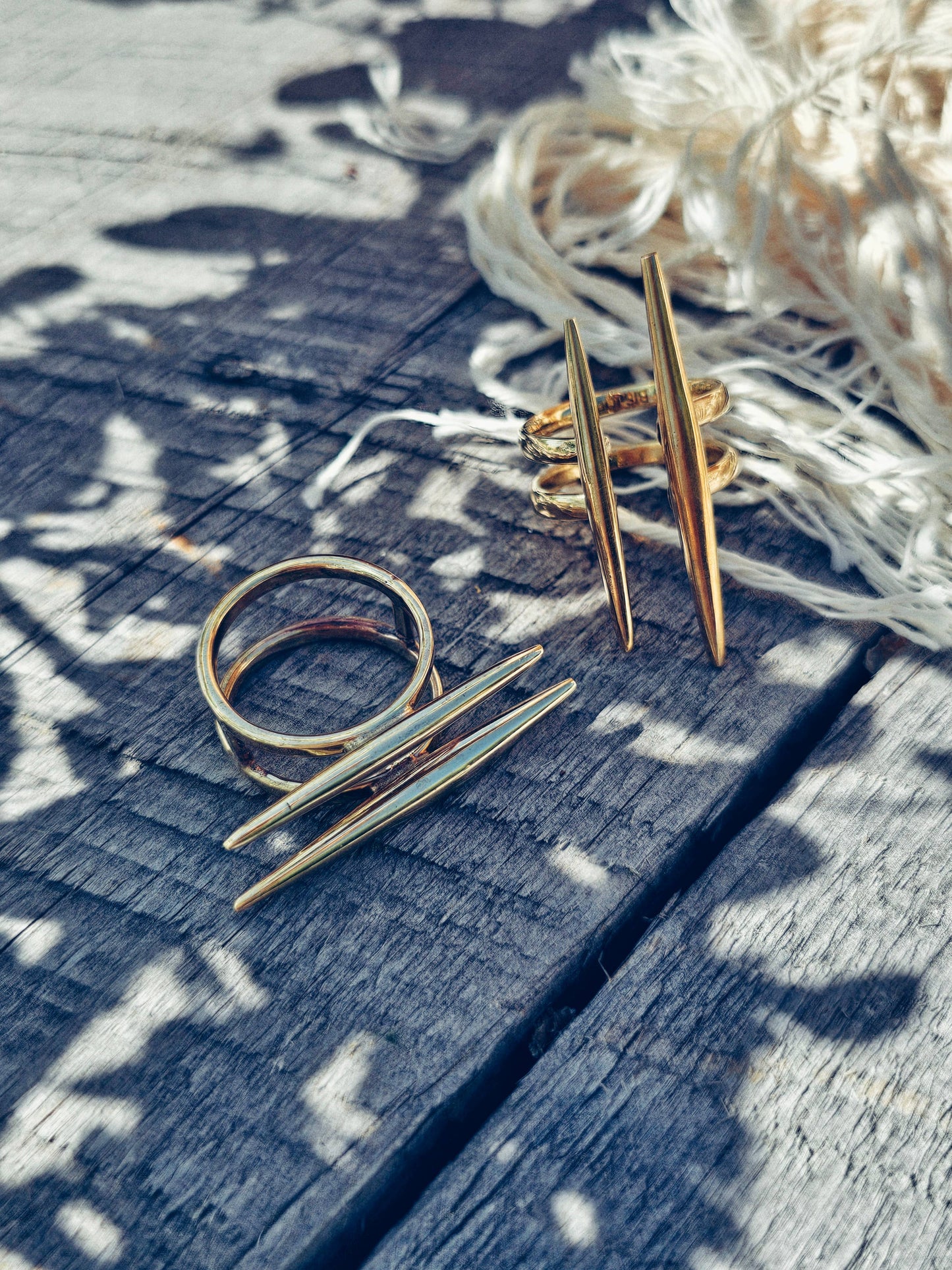 Solid brass double spike needle adjustable ring handcrafted