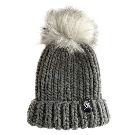 Merino Folded Brim Faux Fur Beanie in Charcoal