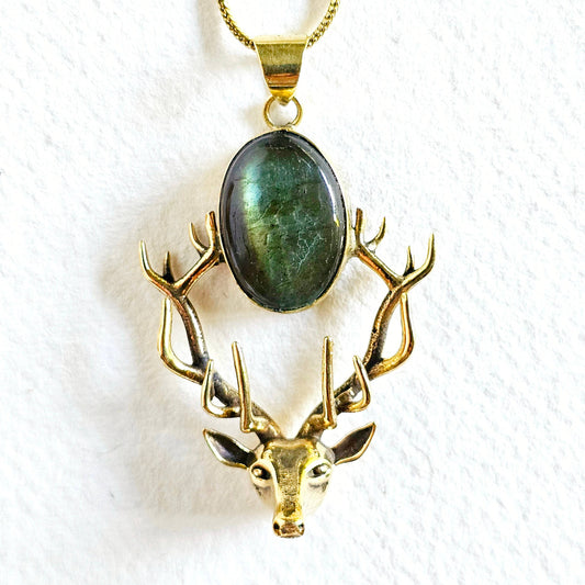 Brass labradorite deer pendant charm necklace designer