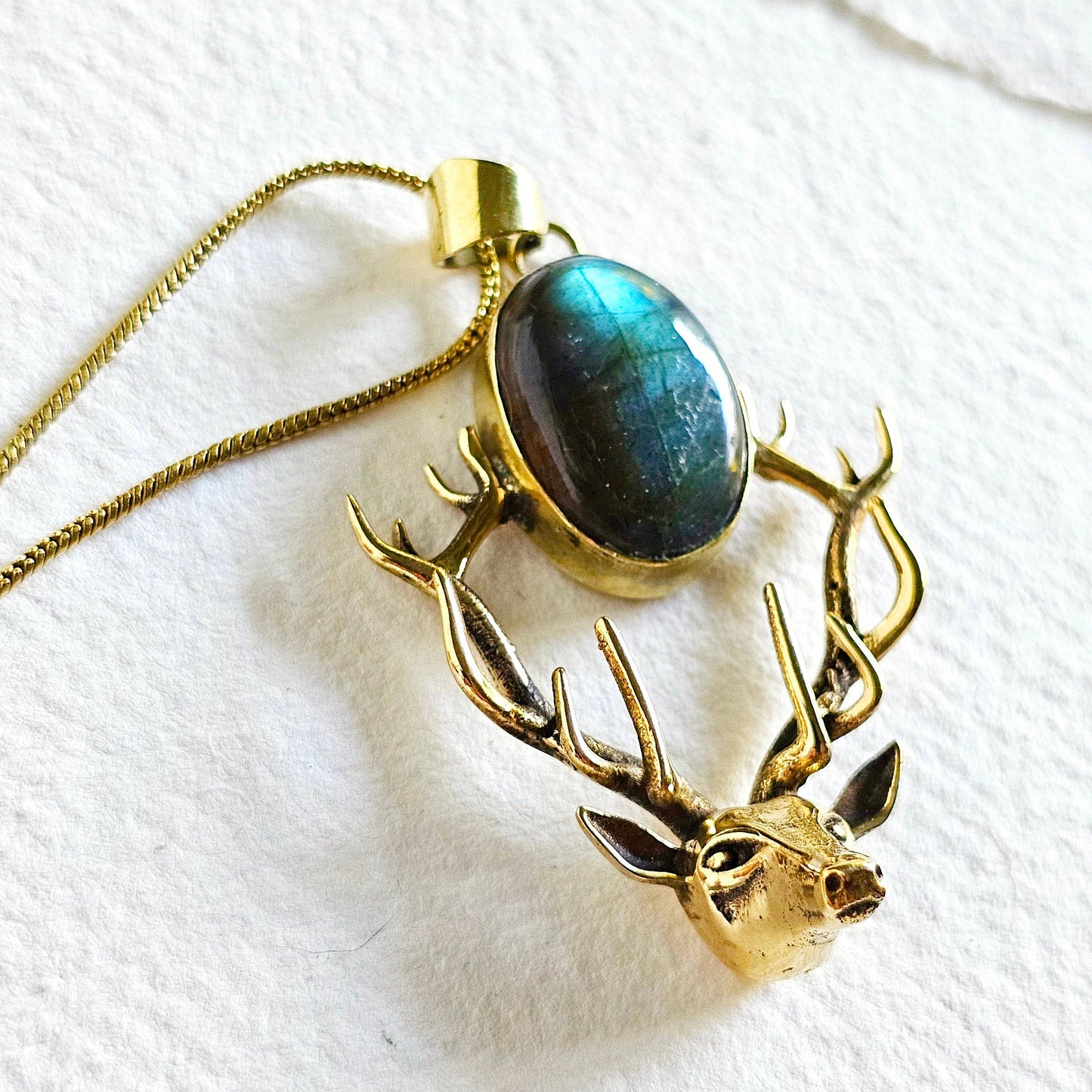 Brass labradorite deer pendant charm necklace designer