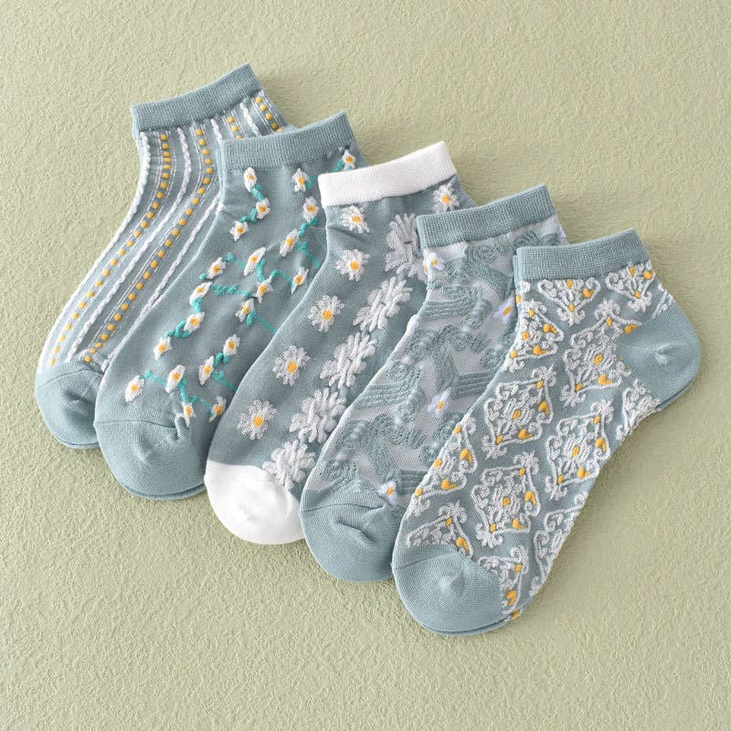 Blue Floral Ankle Socks - Knitted Vintage Low Cut Socks