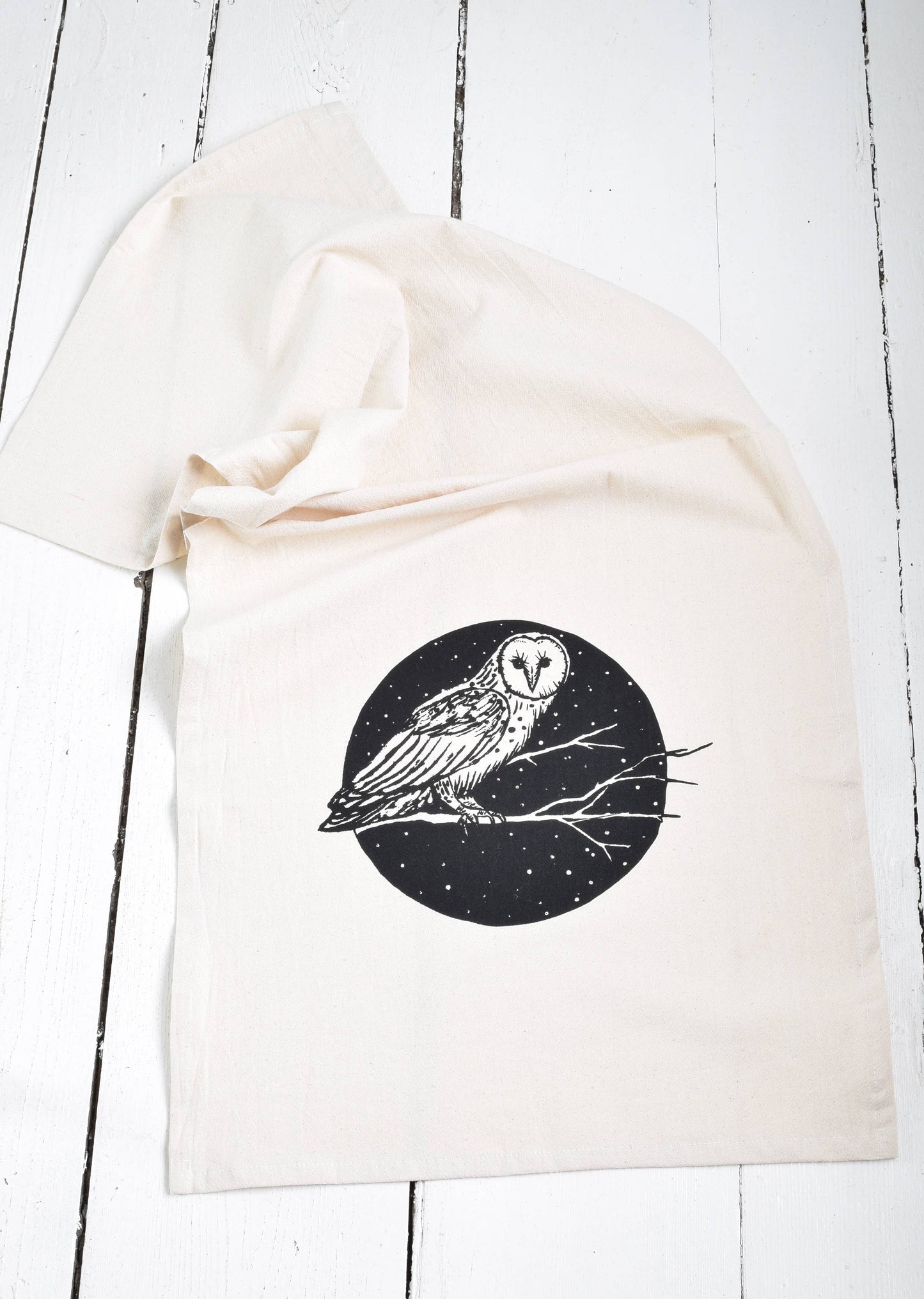 Organic Cotton Barn Owl Tea Towel - Black Print - Bird Kitch