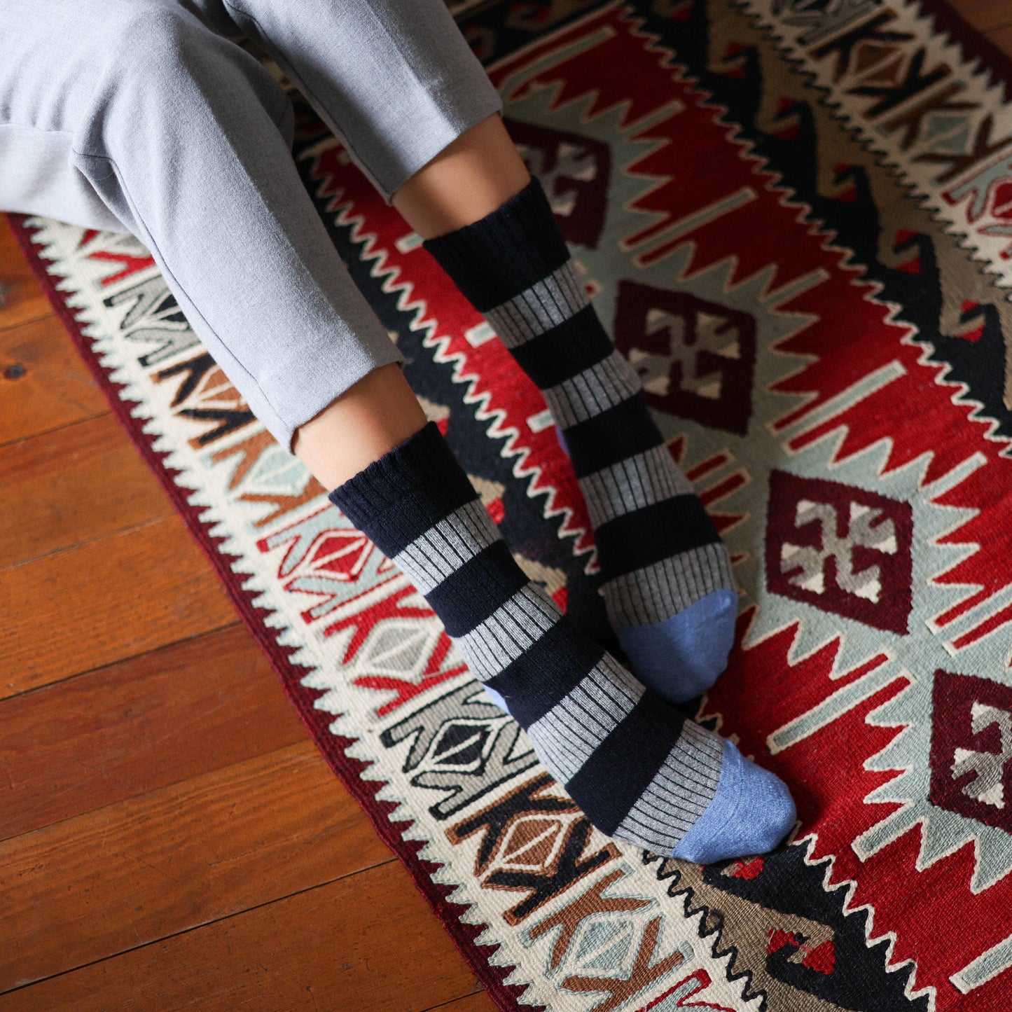 KLUE Merino Wool socks with Stripes | Navy and Grey