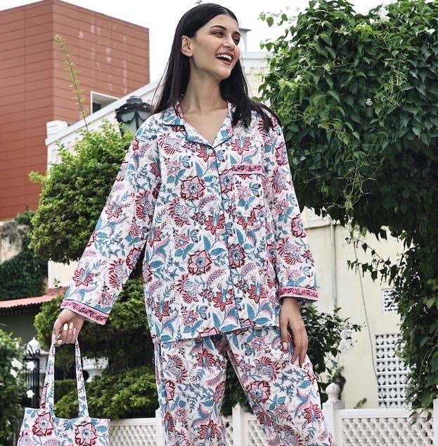 Women's Block Printed Pajamas- 3 Piece Set