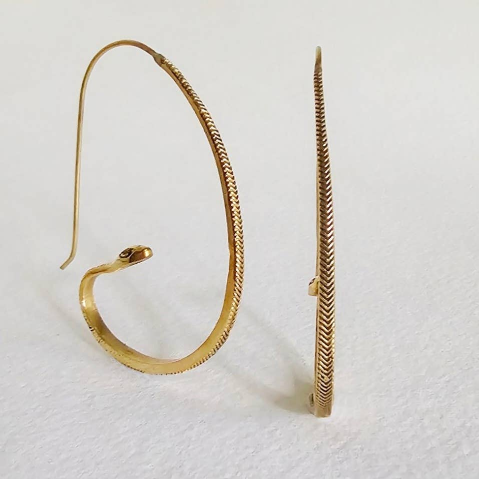 Brass snake serpent hoop earrings large onyx eyes #BX30