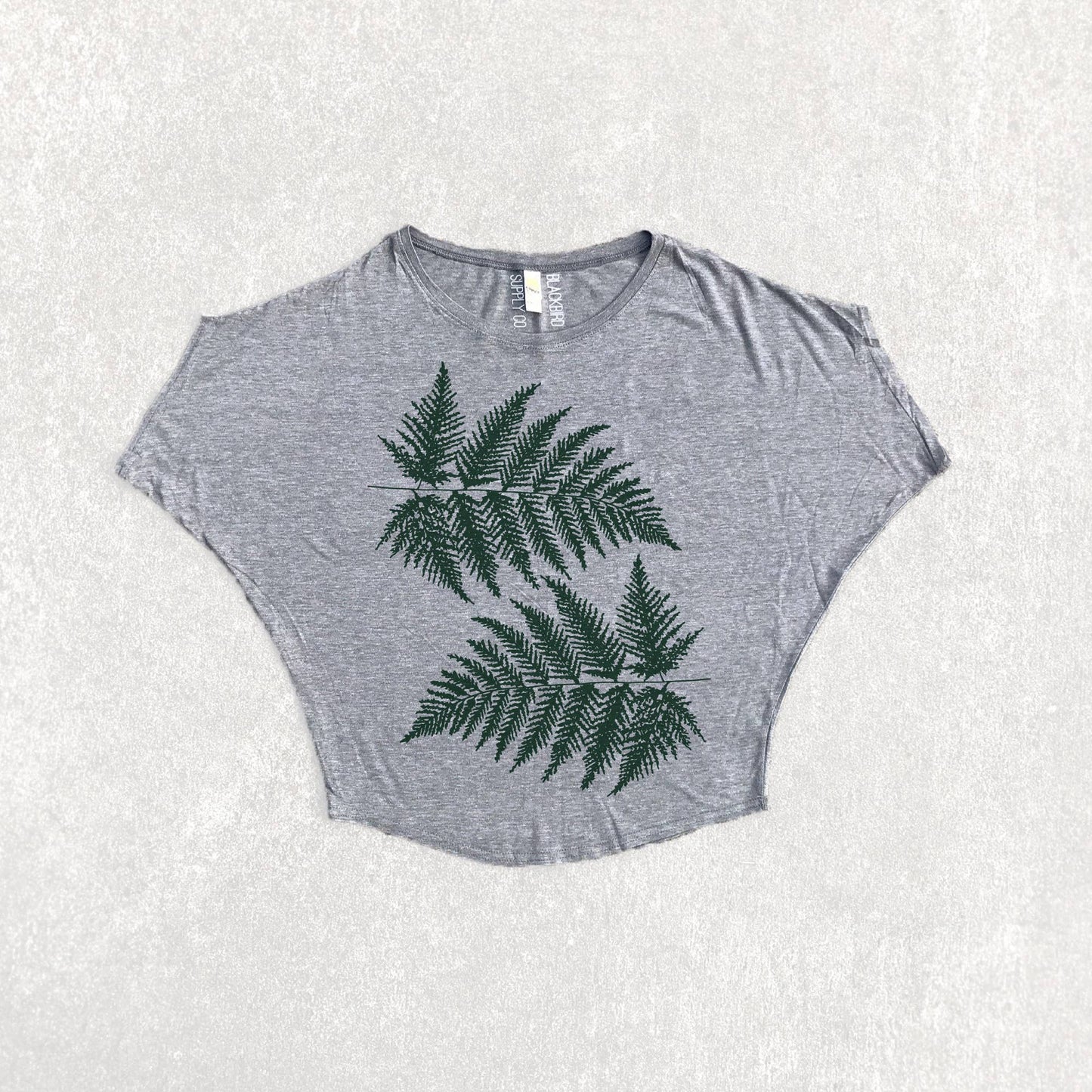 Forest Fern Leaves Womens Dolman Sleeve Bamboo Top Gray