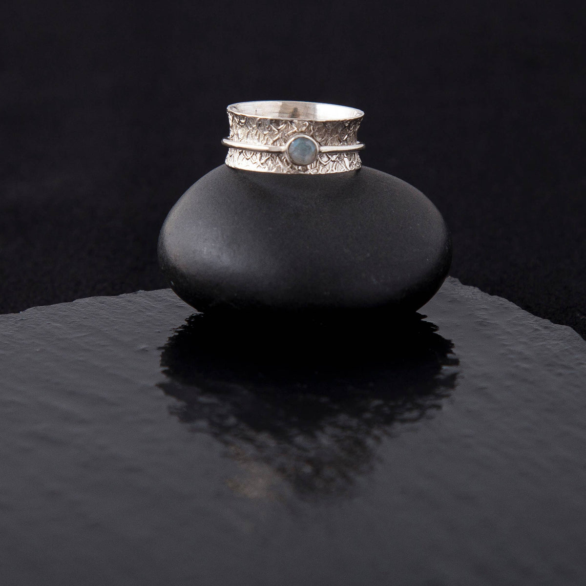Etched Sterling Silver Spinner Ring with Moonstone