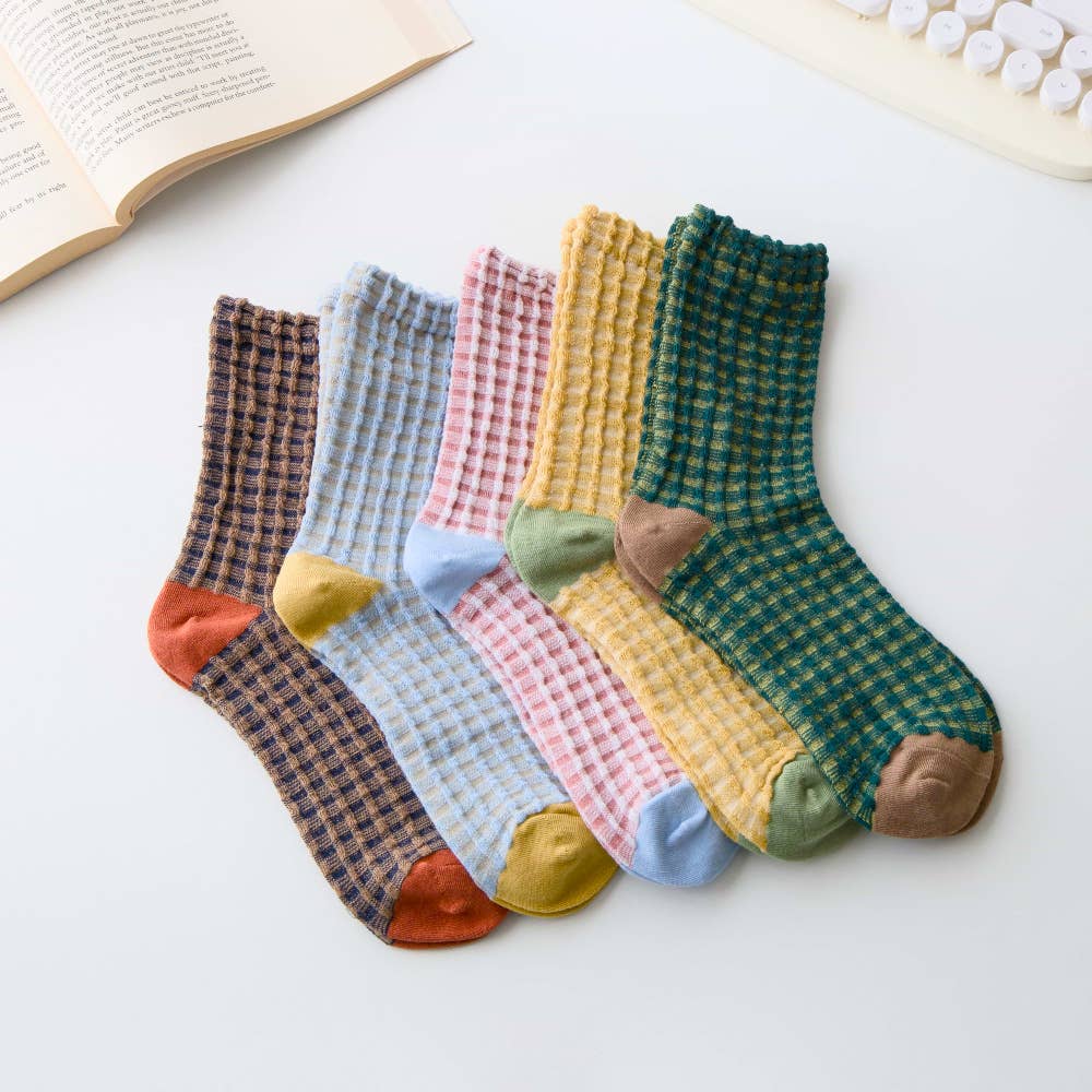 Cotton Waffle Crew Socks – Soft Bubble Texture