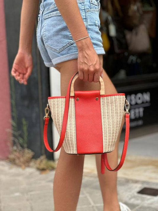 Italian Raffia and Leather Bucket Bag with 2 Wooden Handles