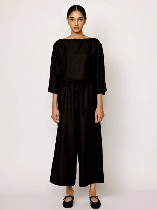 Popover Top - Black Silk Noil