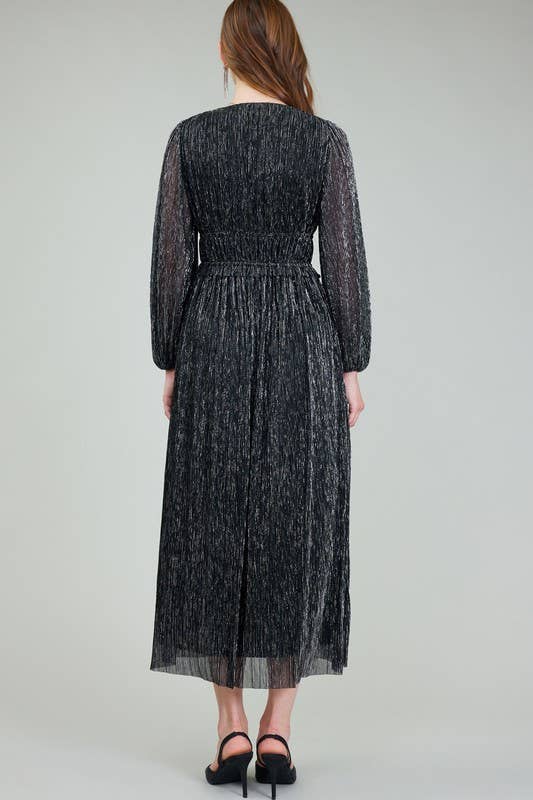 Metallic Pleated Maxi Dress | Black Silver