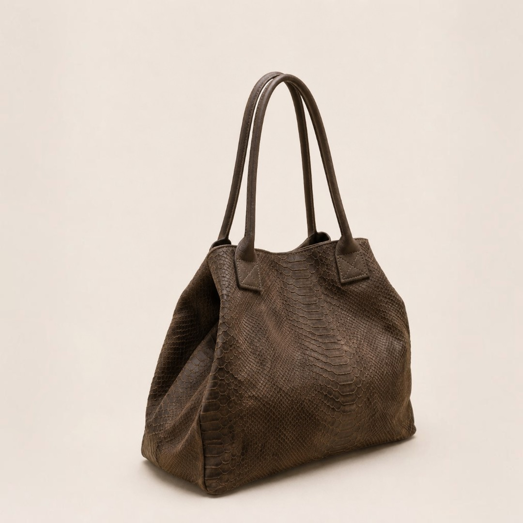 LOLA – Italian Python-Embossed Leather Bag – Dark Taupe