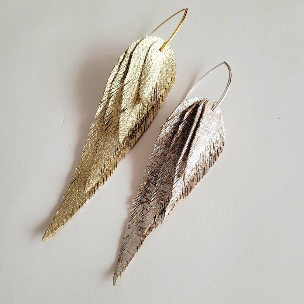 Handmade Metallic Leather Feather Earrings #BX41
