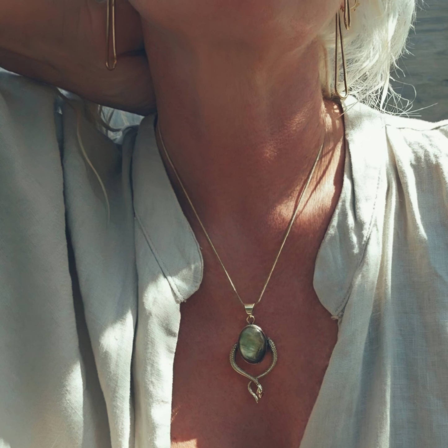 Brass Labradorite Snake Pendant Charm Necklace designer