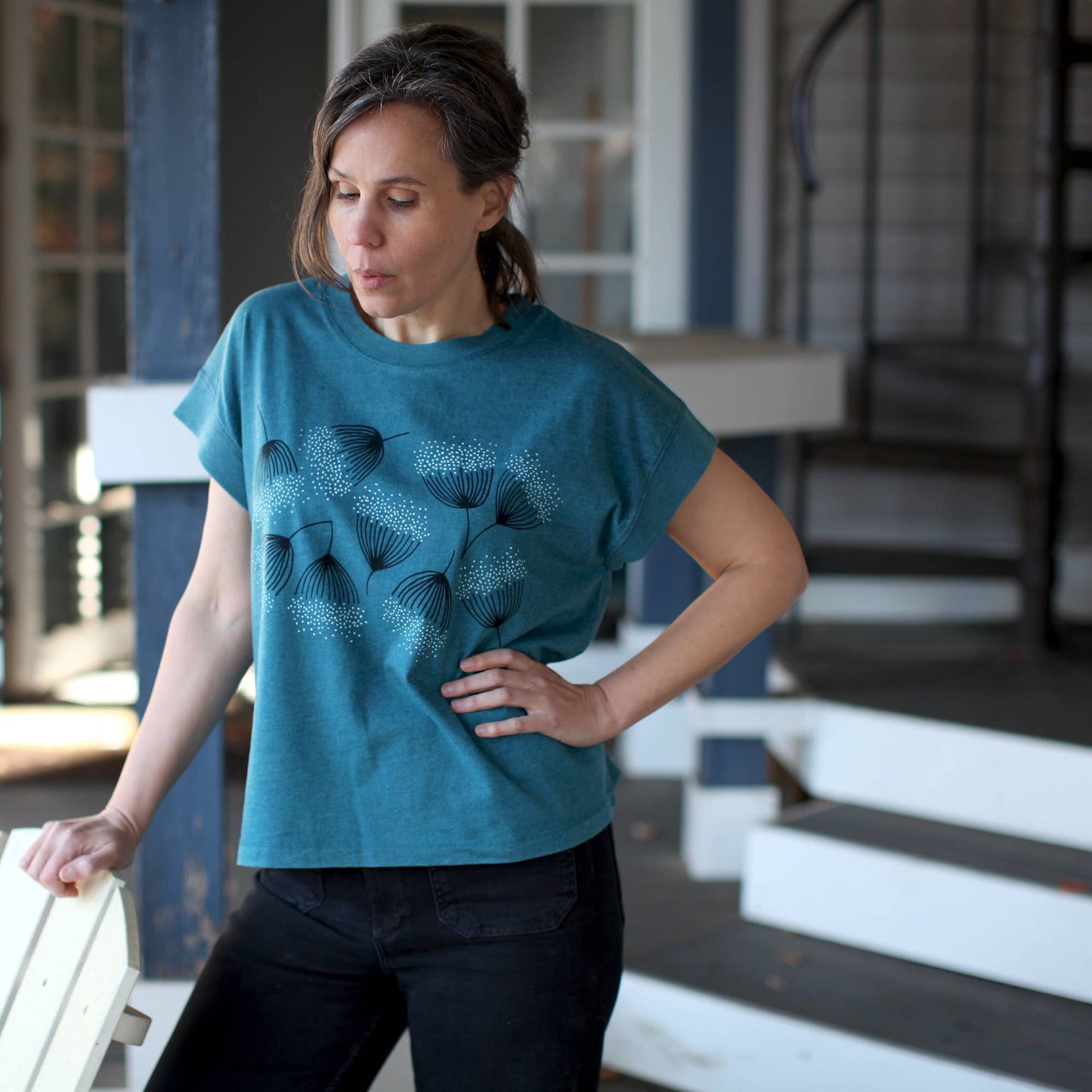 Eucalyptus Flowers Loose Fit Boxy Cap Sleeve Tee Deep Teal