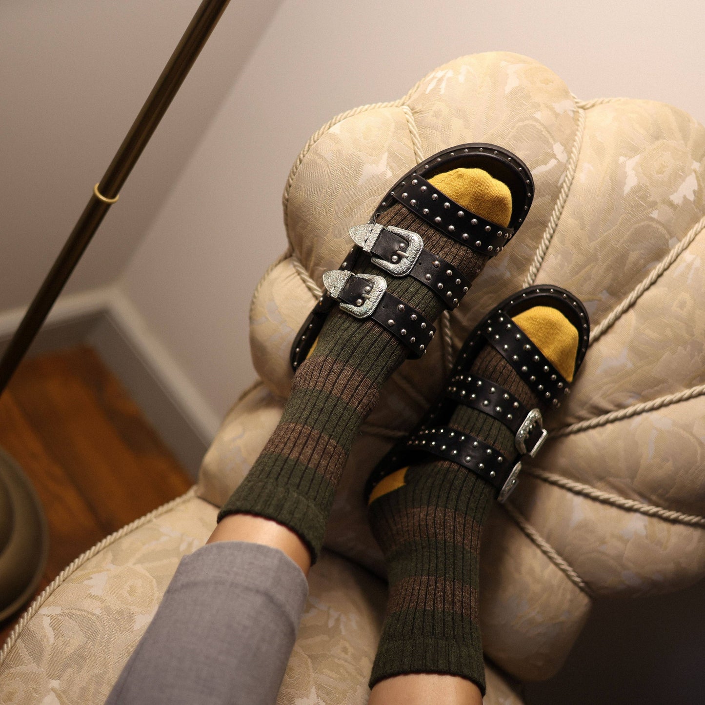 KLUE Merino Wool socks with Stripes | Khaki and Yellow