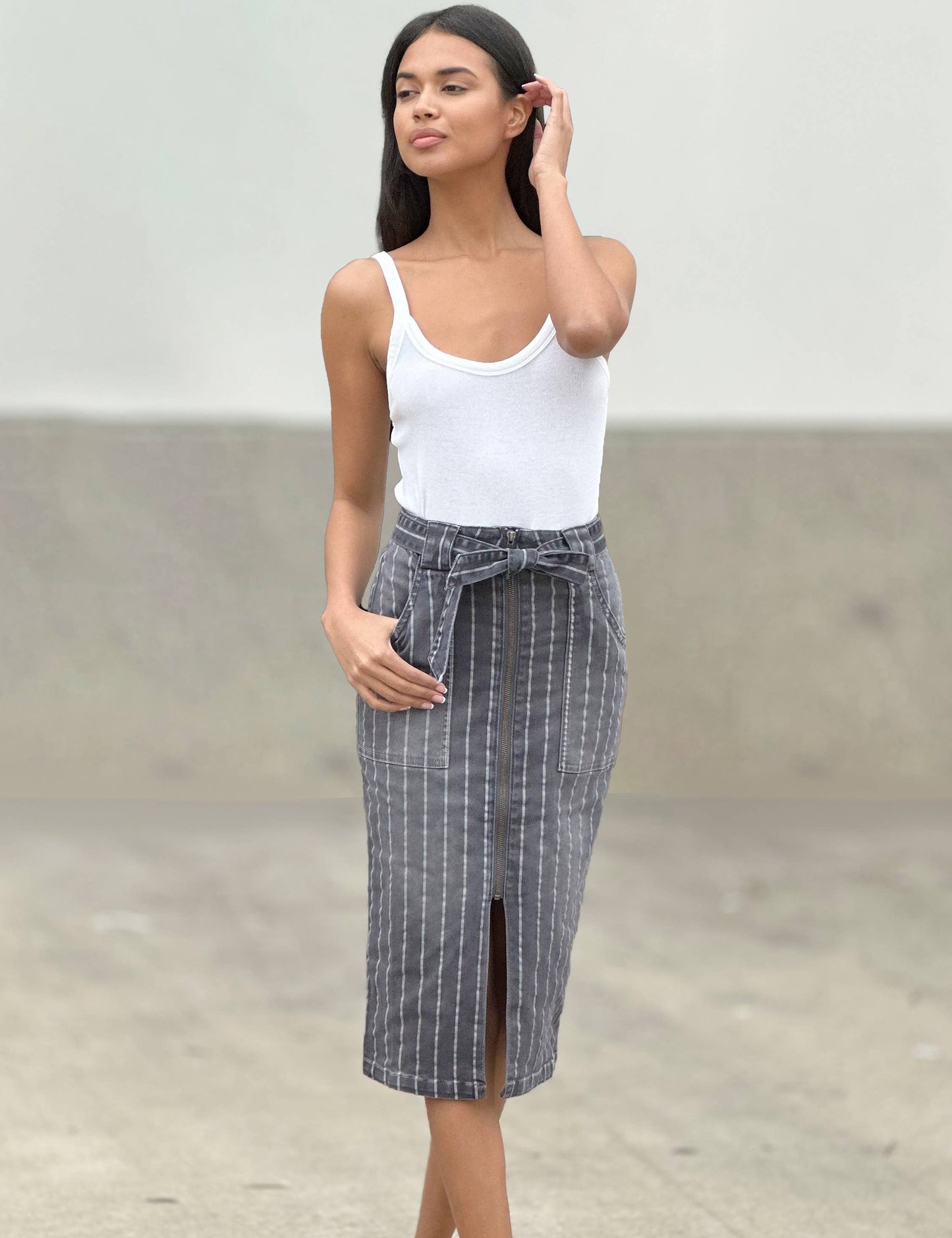 Sally Tie It Up Skirt | Charcoal Stripe